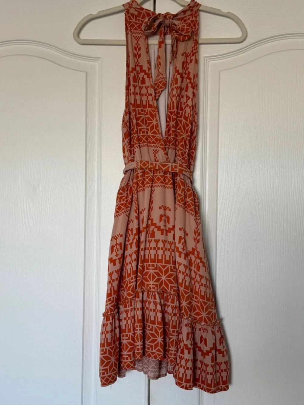 Orange Geometric Print Halter Neck Tiered BTFBM Mini Dress Tie Waist Lined Large - Picture 9 of 10